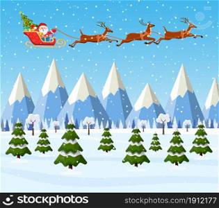Christmas Santa Claus riding on sleigh. concept for greeting or postal card, vector illustration. Merry christmas holiday. New year and xmas celebration. Vector illustration in flat style. Illustration of Santa and Reindeer on the snow