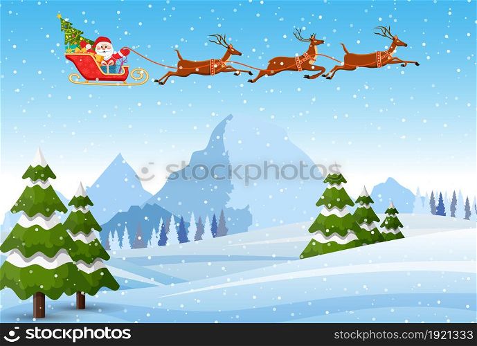 Christmas Santa Claus riding on sleigh with Christmas Reindeer on a sleigh. concept for greeting or postal card, vector illustration. Merry christmas holiday. New year and xmas celebration. Illustration of Santa and Reindeer on the snow