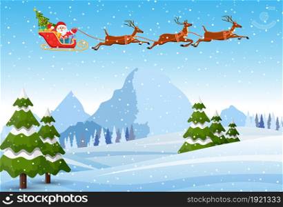 Christmas Santa Claus riding on sleigh with Christmas Reindeer on a sleigh. concept for greeting or postal card, vector illustration. Merry christmas holiday. New year and xmas celebration. Illustration of Santa and Reindeer on the snow