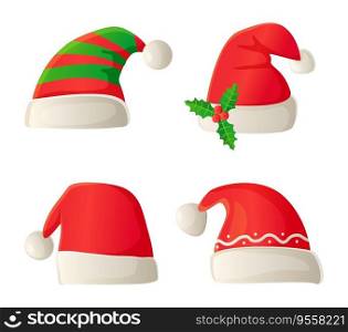 Christmas santa costume hat set in cartoon style.. Christmas santa costume hat set in cartoon style