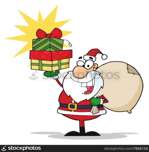 Christmas Santa Holding Up A Stack Of Gifts