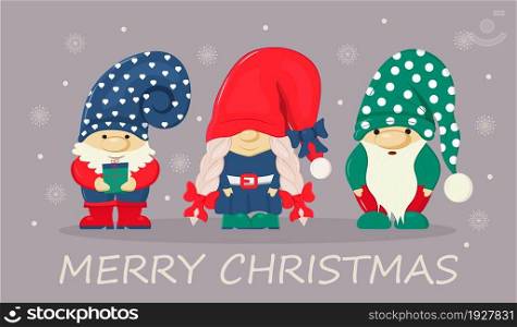 Christmas, Santa&rsquo;s fairy helper illustration. New year, Merry Christmas greeting, xmas card. Garden gnome statue. Dwarf, trowel vector. Gnome with beard. Three leprechaun. Christmas, Santa&rsquo;s fairy helper illustration. New year, Merry Christmas greeting, xmas card. G