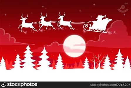 Christmas Santa sleigh on night moon sky vector silhouettes. Xmas reindeer sledge and Santa Claus flying in night sky with snow, clouds and snowflakes, winter forest trees and stars, greeting card. Christmas Santa sleigh on night moon sky