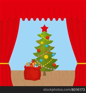Christmas Scene and red curtain. Holiday scene. Christmas tree and Santa Claus bag with gifts&#xA;