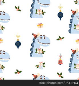Christmas Seam≤ss pattern. Funny dragon with gift on white background with Xmas ball toy and holly. Vector illustration for≠w year design, wallpaper, packaging, texti≤. kids col≤ction