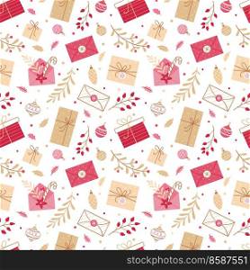 Christmas seamless background with gifts, letters, branches and Christmas decorations on a white background. Vector festive background for Christmas and New Year holidays.. Christmas seamless background with gifts, letters, branches and Christmas decorations on a white background.