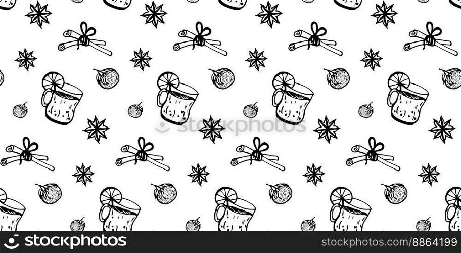 Christmas seamless doodle style. Tangerine, cinnamon, vanilla, hot drink for Christmas. Vector illustration. Stylish design for packaging, paper boxes, covers, textiles, craft etc.. Christmas seamless doodle style. Tangerine, oranges cinnamon, vanilla, hot drink for Christmas. Vector illustration.