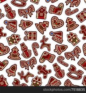 Christmas seamless pattern background. New Year decoration isolated elements of x-mas stocking, tree, gift, candy, ribbon, heart, snowman, deer, bell, horse. Vector design for wrapping paper and greeting card. Christmas and New Year candy pattern