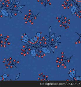 Christmas seamless pattern. bird on branch with Christmas berries on blue background. Vector illustration. Xmas folk repetitive design in style colored linear hand drawing