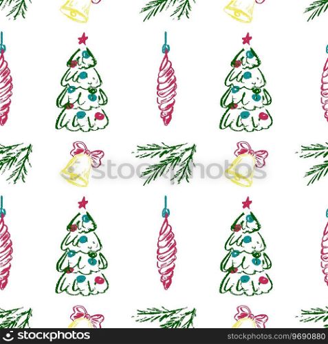 Christmas seamless pattern. Children’s drawings with wax crayons. New Year holidays. Print for cloth. Seamless pattern. Children’s drawings with wax crayons