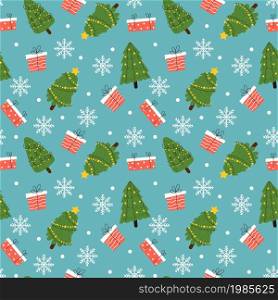 Christmas seamless pattern. Cute xmas different trees with decorations, winter holiday attributes, new year gifts and snowflakes on blue background. Decor textile wrapping paper wallpaper vector print. Christmas seamless pattern. Cute xmas different trees with decorations, winter holiday attributes, new year gifts and snowflakes on blue background. Decor textile wrapping paper, vector print