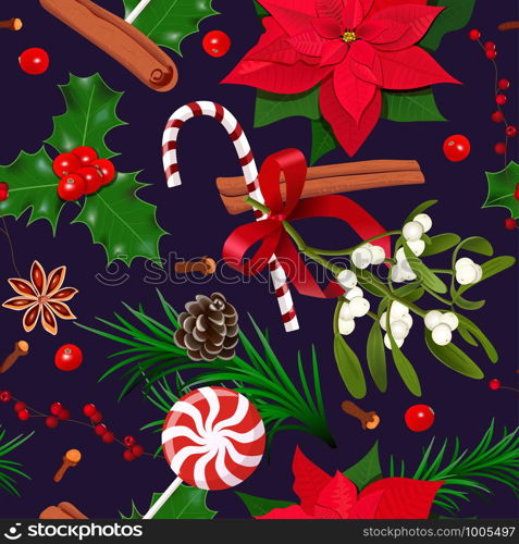 Christmas seamless pattern. Decoration with fir tree, holly berry, mistletoe, candy cane, poinsettia, cloves on dark purple background. Place for text, copy space vector illustration. For cards, web. Christmas seamless pattern. Decoration with fir tree, holly berry, mistletoe, candy cane, poinsettia, cloves on dark purple