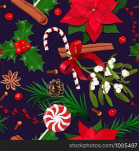 Christmas seamless pattern. Decoration with fir tree, holly berry, mistletoe, candy cane, poinsettia, cloves on dark purple background. Place for text, copy space vector illustration. For cards, web. Christmas seamless pattern. Decoration with fir tree, holly berry, mistletoe, candy cane, poinsettia, cloves on dark purple