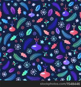 Christmas seamless pattern. Flat style cartoon christmas elements on dark background. Perfect for wallpapers, wrapping paper and backdrops. Vector illustration.. Christmas seamless pattern. Flat style cartoon christmas elements on dark background. Perfect for wallpapers, wrapping paper and backdrops. Vector illustration