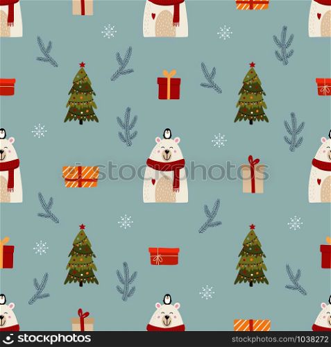 Christmas seamless pattern for background, wrapping paper, fabric, surface design. Naive Christmas repeatable motif with bear and penguin. vector illustration. Christmas seamless pattern for background