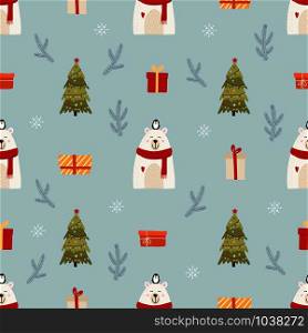 Christmas seamless pattern for background, wrapping paper, fabric, surface design. Naive Christmas repeatable motif with bear and penguin. vector illustration. Christmas seamless pattern for background