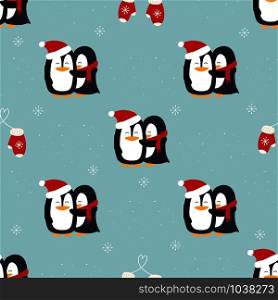 Christmas seamless pattern for background, wrapping paper, fabric, surface design. Naive Christmas repeatable motif with penguin hugs. vector illustration. Christmas seamless pattern for background
