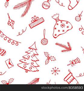 Christmas seamless pattern, hand drawn style doodle elements. Vector illustration.