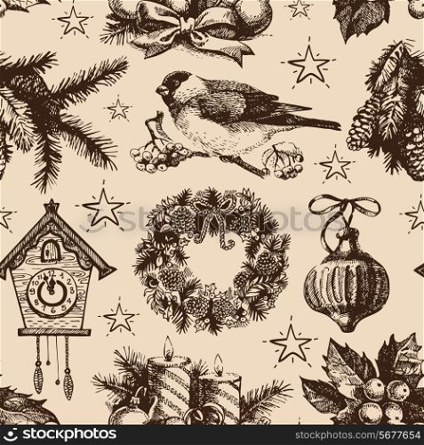 Christmas seamless pattern. Happy New Year hand drawn illustration. Vector design