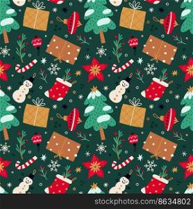 Christmas seamless pattern. New year holiday wallpapers. Repeated textile print. Winter celebration elements. Snowy fir trees and snowflakes. Ball toys. Snowman or gift socks. Garish vector background. Christmas seamless pattern. New year wallpapers. Repeated textile print. Winter celebration elements. Fir trees and snowflakes. Ball toys. Snowman or gift socks. Garish vector background