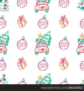 Christmas seamless pattern. New Year, holidays. Children’s drawings with wax crayons. Print for cloth design, textile. Seamless pattern. Children’s drawings with wax crayons