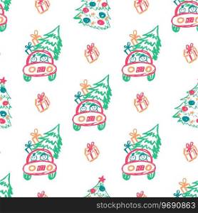 Christmas seamless pattern. New Year, holidays. Children’s drawings with wax crayons. Print for cloth design, textile, fabric. Seamless pattern. Children’s drawings with wax crayons