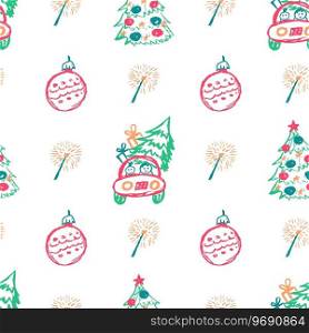 Christmas seamless pattern. New Year, holidays. Children’s drawings with wax crayons. Print for cloth design, textile, fabric, wallpaper. Seamless pattern. Children’s drawings with wax crayons