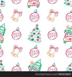 Christmas seamless pattern. New Year, holidays. Children’s drawings with wax crayons. Print for cloth. Seamless pattern. Children’s drawings with wax crayons