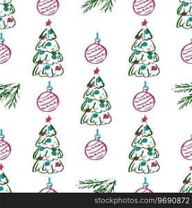 Christmas seamless pattern. New Year mood. Children’s drawings with wax crayons. Print for cloth design. Seamless pattern. Children’s drawings with wax crayons