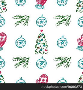 Christmas seamless pattern. New Year mood. Children’s drawings with wax crayons. Print for cloth design, textile. Seamless pattern. Children’s drawings with wax crayons