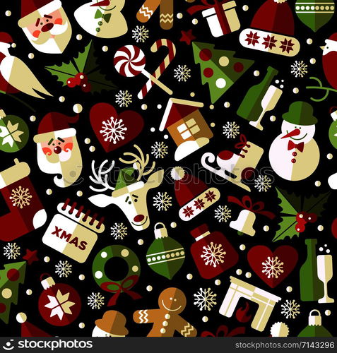 Christmas seamless pattern of icons on black background in flat style on black.. Christmas seamless pattern of icons on black background in flat style.