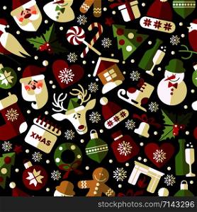 Christmas seamless pattern of icons on black background in flat style on black.. Christmas seamless pattern of icons on black background in flat style.