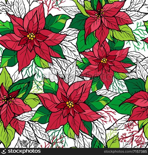 Christmas seamless pattern of poinsettia with hand drawn lettering. Christmas decoration illustration.