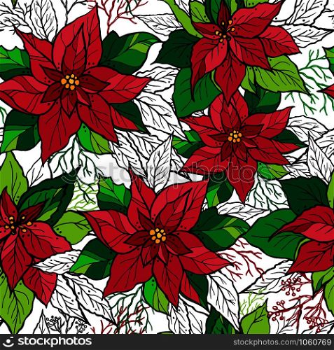 Christmas seamless pattern of poinsettia with hand drawn lettering. Christmas decoration illustration. Graphic design.. Christmas seamless pattern of poinsettia with hand drawn lettering. Christmas decoration illustration.