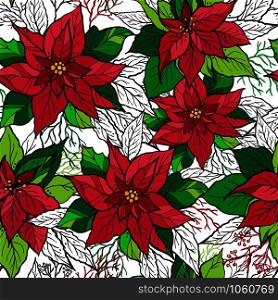 Christmas seamless pattern of poinsettia with hand drawn lettering. Christmas decoration illustration. Graphic design.. Christmas seamless pattern of poinsettia with hand drawn lettering. Christmas decoration illustration.
