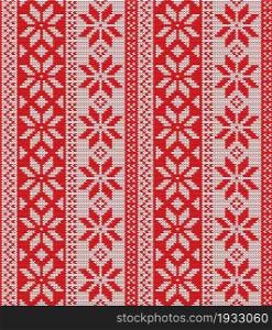 Christmas seamless pattern ornament on the wool knitted texture. Vector illustration in red color