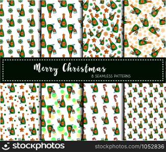 Christmas seamless pattern set - champagne, celebratory drink or beverage - bottle sparkling wine, endless texture for print, textile, scrapbook or wrapping paper, cute new year decoration - vector. vector kawaii Christmas collection