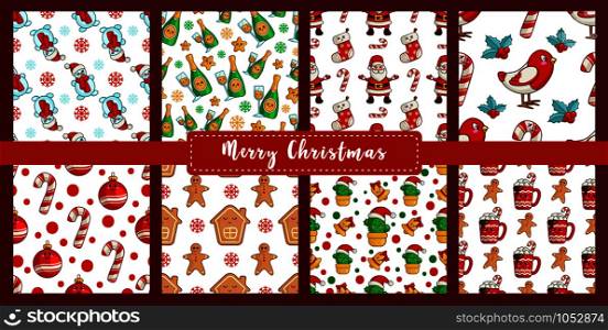 Christmas seamless pattern set with kawaii new year characters - bullfinch, snowman, candy cane, gingerbread man, cactus, santa claus. Texture or background for textile, scrapbook, wrapping paper - vector. vector kawaii Christmas collection