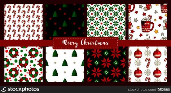Christmas seamless pattern set with new year characters - kawaii hot drink cup, wreath, candy cane, christmas tree and abstract geometric shapes. Texture or background for textile, scrapbook, wrapping paper - vector. vector kawaii Christmas collection
