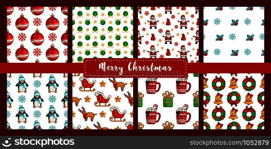 Christmas seamless pattern set with new year characters - kawaii penguin, reindeer rudolf, santa claus sleigh, ball, hot drink cup, wreath, bell. Texture or background for textile, scrapbook, wrapping paper - vector. vector kawaii Christmas collection