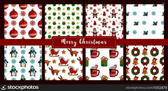 Christmas seamless pattern set with new year characters - kawaii penguin, reindeer rudolf, santa claus sleigh, ball, hot drink cup, wreath, bell. Texture or background for textile, scrapbook, wrapping paper - vector. vector kawaii Christmas collection