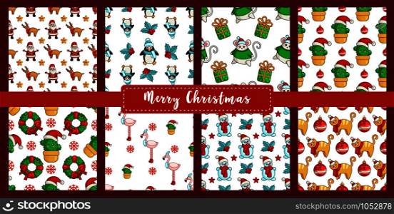 Christmas seamless pattern set with new year characters - kawaii snowman, cactus, cat, mouse, flamingo, penguin, santa claus and reindeer. Texture or background for textile, scrapbook, wrapping paper - vector. vector kawaii Christmas collection