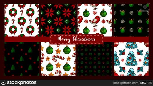 Christmas seamless pattern set with new year characters, objects - bullfinch, tree, candy cane, holly, ball, floral firry wreath. Texture or background for textile, scrapbook, wrapping paper - vector. vector kawaii Christmas collection