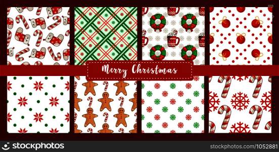 Christmas seamless pattern set with new year decorations - candy cane, snowflake, ball, socks, gingerbread man, abstract geometric shapes. Texture or background for textile, scrapbook, wrapping paper - vector. vector kawaii Christmas collection