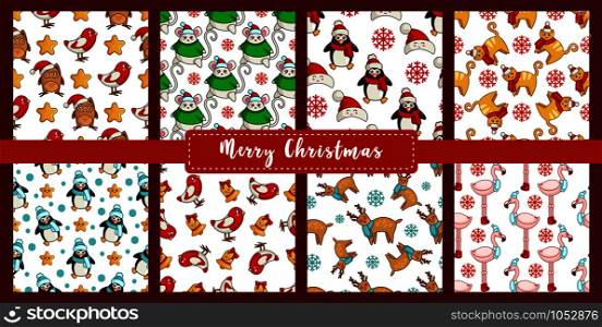 Christmas seamless pattern set with new year kawaii animals, birds - bullfinch, owl, reindeer, flamingo, mouse, rat, cat, penguin. Texture or background for textile, scrapbook, wrapping paper - vector. vector kawaii Christmas collection