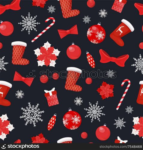 Christmas seamless pattern socks and candy lollipop stick vector. Star decoration, bauble with snowflake print, bow ribbon, toy decoration for pine tree. Christmas Seamless Pattern Socks, Candy, Lollipop