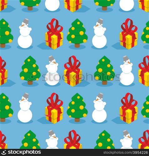 Christmas seamless pattern. Symbols of winter holiday: Christmas tree, gift and snowman. Cute repeating ornament for new year