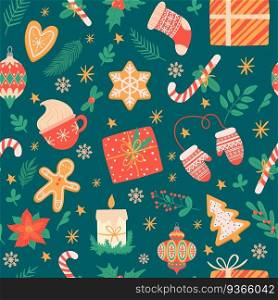 Christmas seamless pattern. Traditional xmas attributes, christmas tree toys, gingerbread, presents for cards and wrapping vector texture. New year cup with hot chocolate, holly leaves with berries. Christmas seamless pattern. Traditional xmas attributes, christmas tree toys, gingerbread, presents for cards and wrapping vector texture