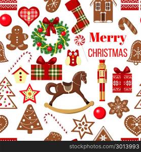 Christmas seamless pattern vector. decoration Images. Christmas seamless pattern vector. Funny objects. Postcard background. Cute figures. Xmas tree, snowflakes, cane, heart, star, bell, house mittens toys wreath For wallpaper packing wrapping