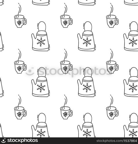 Christmas Seamless pattern winter of teapots isolated on white background. Kitchen hand drawn for textile design. Vector monoline illustration.. Christmas Seamless pattern winter of teapots isolated on white background. Kitchen hand drawn for textile design. Vector monoline illustration